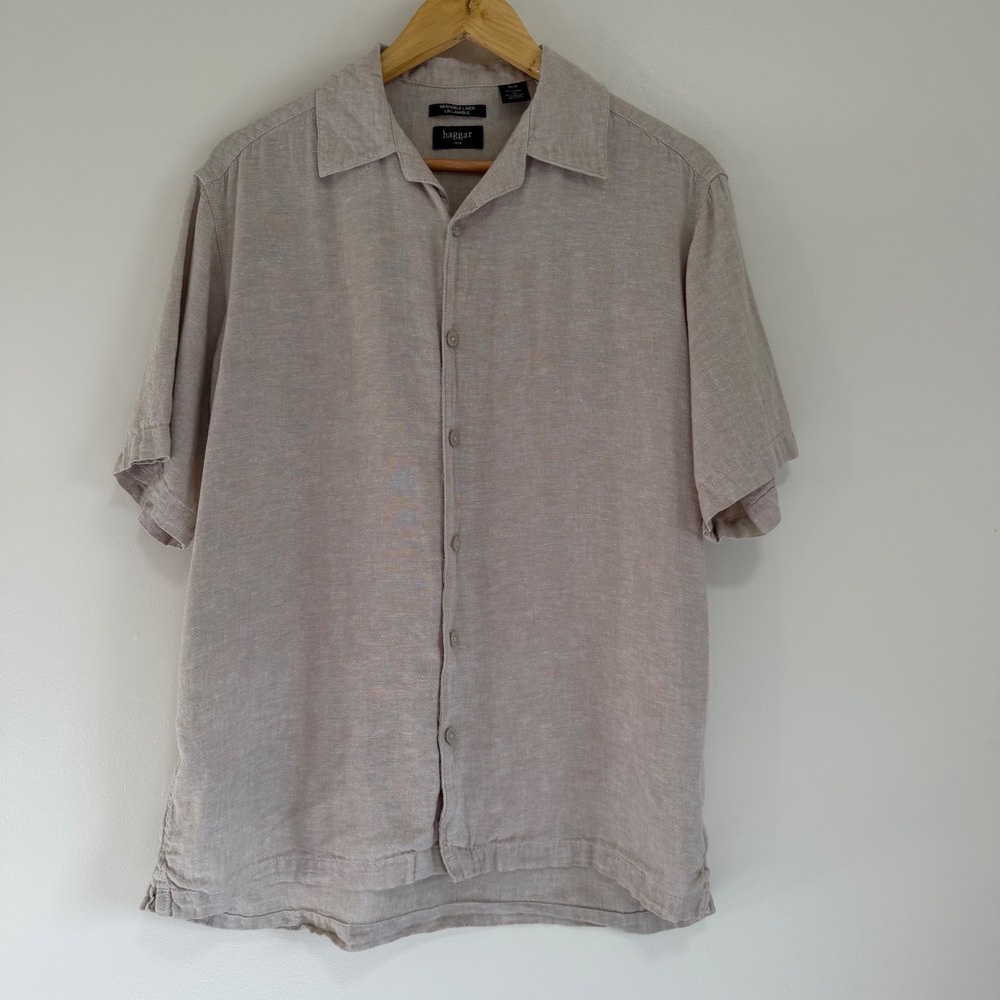Haggar Men's Washable Linen Blend Short Sleeve Button Up Shirt Size M